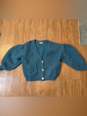 DAVI & DANI Teal Blue Puff Sleeve Button-Front Cardigan